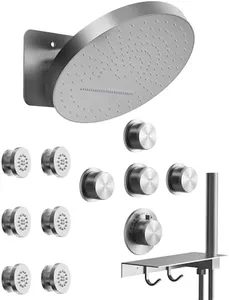 GRANDJOY Shower Thermostatic System, 12.6 Inch Wall Mount Rainfall Faucet Set with Handheld Sprayer & 6 Massage Body Jets, Brushed Nickel (All functions can operate simultaneously)