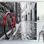 Ambesonne Bicycle Shower Curtain, Classic Bike on Cobblestone Street in Italian Town Leisure Photo, Cloth Fabric Bathroom Decor Set with Hooks, 69" W x 75" L, White Black