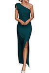 PRETTYGARDEN Women's Summer One Shoulder Long Formal Dresses Sleeveless Ruched Bodycon Wedding Guest Slit Maxi Dress (Cyan,Large)