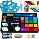 Face Paint Kit for Kids Professional Body Paint Set 18 Color Water Based Facepaint with 28 Stencils, Rainbow Cake, 2 Hair Chalks 6 Brushes 2 Glitter 4 Sponges Halloween Make Up Palette