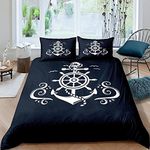 Homewish Nautical Anchor Bedding Set, Ocean Sailboat Navy Blue Duvet Cover King Size, Coastal Compass Comforter Cover, Blue Ocean Theme Bedspread Cover Bedroom Decor with Zipper, Multi 27