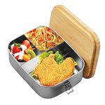 1200Ml Lunch Box Stainless Steel, Bento Box Metal With Wooden Lid Lunch Container, Bento Lunchbox Adult 3 Compartment Sandwich Box Metal With Cutlery Fork & Spoon Suitable For School, Work, Picnic