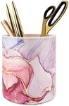 WAVEYU Pen Holder for Women Girls, Pencil Cup Pink Desk Decor, Makeup Brush Holder Large Pu Leather Multi-Functional Organizer Cup for Office, Classroom, Home, Colorful Marble