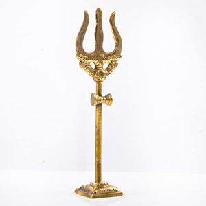 Tarini Gallery Spiritual Religious Sculpture Indian Antique Auspicious Décor Wall Door Hanging Showpiece for Home Entrance Temple Puja Decoration (Brass Trishul with Stand)