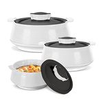 Milton Casserole for Hot Food, Double Walled Insulated Inner Stainless Steel Hot Pot with Lid, Serving box for Food and Roti, Serving Bowl, Set of 3 (Size 62, 45, 28 oz) Venice, Micro White