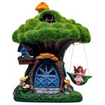 TERESA'S Collections Fairy House Garden Statues with Solar Outdoor Light, Cute Resin Moss Outdoor Cottage with Swinging Fairy, Treehouse Lawn Ornaments Garden Gifts for Mom Mother Day Yard Decor,7.7"