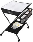 Kinder King Portable Baby Changing Table w/Wheels, Adjustable Height Folding Infant Diaper Station, Mobile Newborn Nursery Organizer, Large Storage Rack, Black