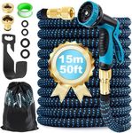 Expandable Garden Hose Pipe 15m 50ft, Expanding Hosepipes for Garden Water Hose with 1/2" 3/4" Connectors, 10 Function Spray Gun, Holder, Flexible Retractable Magic Hoses for Gardening Car Washing