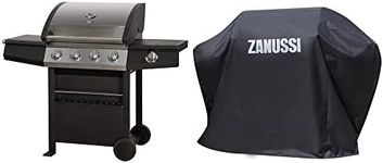 Zanussi ZGBBQ4B01-C 4 Burner Gas Barbecue with BBQ Cover, Automatic Ignition & Integrated Thermometer, Black & Stainless Steel, Gas BBQ, 2 Wheels Fitted Rack with 1 Side Shelf