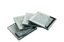 SERENA'S ® 4 Pack Crushed Diamond Crystal and Mirror Coasters Set of 4 Glittering Silver Coasters for Home Kitchen Bar & Restuarant Decor (Square)