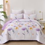 King Size Quilt Set Floral,3 Pieces Purple & Yellow Quilts Coverlet Set Boho Bedspreads Bed Cover Lightweight White Botanical Quilt Bedding Sets for King Bed (90"x104")