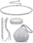 MTLEE Women Clutch Rhinestone Jewelry Set 4 Pieces Bridal Wedding Choker Bracelet Dangle Earrings Triangle Bling Glitter Purse for Party (Silver)