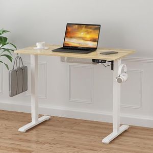 Advwin Electric Standing Desk, Height Adjustable Ergonomic Sit Stand Desks with Hanging Hooks and Cable Management, 100 x 55 cm Whole Piece Desktop, for Small Space, White Frame+Oak Desktop