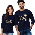 Bouncy Toonz Couple Tshirts Full Sleeves for Pre Wedding Shoot and Valentines Day Gift - Customised Couple Tshirts (cus-Couple-kingqueen-navyblue)