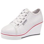 ANUFER Women's Wedge Heel Lace-up Canvas Trainers Shoes White SN02435 UK8