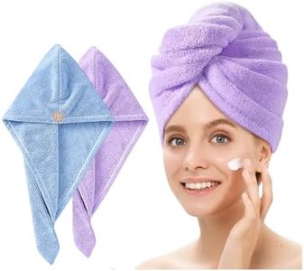Fezora Hair Towel Wrap for Women (Pack of 2) | Quick-Dry Microfiber Hair Turban with Elastic Loop | Super Absorbent Hair Drying Towel for Ladies & Girls (Sky & Purple)
