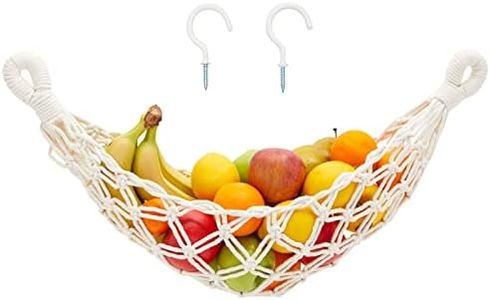 Okuna Outpost Macrame Fruit Hammock for Kitchen Under Cabinet with 2 Hooks, Hanging Net Basket for Bananas and Produce Storage (6 x 25 x 15 In)