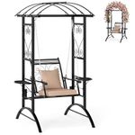 COSTWAY Outdoor Porch Swing with Stand, Garden Canopy Swing Chair with Removable Cushions and Side Tables, Hanging Hammock Chair for Balcony, Backyard and Poolside (Beige+Black, H Frame)
