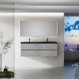Yozma Floating Vanity with Sink Combo, Modern Wall-Mounted Striped Cabinet, Soft-Close Drawer, Double Glossy White Solid Surface Basins, Natural Oak Finish (Grey, 60" Integrated Single Sink)