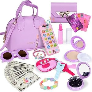 Learn2M Purple Play Purse for Little Girls Ages 3-6, My First Purse Toy with Handbag, Makeup Set, Sunglasses, Smartphone, Wallet, Car Keys, Credit Cards and Fake Money