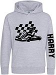 Custom Name Karting Kids Hoodie, Personalised Text Gifts For Boys and Girls , Unique and Cool Birthday ChristmasGo Kart Hoody, Hooded Kart Racing Jumper Gift, Sport Grey, 12-13 Years