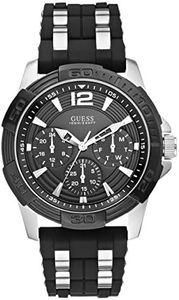 GUESS Iconic Blue Stainless Steel Stain Resistant Silicone Watch with Day, Black/Silver Tone/Black, OASIS