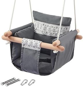 Baby Swing Seat, Yuchen Baby Canvas Hanging Swing Seat, Toddler Swing Indoor & Outdoor Infant Hanging Swing Chair with Canvas Cushion, Swing Sets for Baby Hammock Toy Backyard (Grey-Lace)