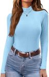 Ekouaer Women's Mock Turtleneck Long Sleeve Shirts Ribbed Knit Lightweight Pullover Sweater Stretch Fitted Thermal Top Light Blue S