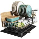 MAJALiS Large Dish Drying Rack with Drainboard, 2 Tier Stainless Steel Dish Racks with Drainage, Wine Glass Holder, Utensil Holder and Extra Drying Mat, Dish Drainers for Kitchen Counter (Black)