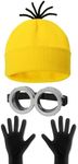 HEYFIZZ 3Pcs Halloween Costume Accessories for Adult, Including Goggles Glasses/Yellow Beanie/Gloves for Men Women Cosplay Party Set