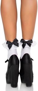 Leg Avenue Womens Ruffle and Satin Bow Anklet Socks, O/S, White/Black