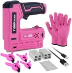 THINKWORK Pink Electric Staple Gun - 2 in 1 Nail Gun Battery Powered with 1000Pcs Staples and Nails, 4V Cordless Upholstery Staple Gun for Wood, Brad Nailer with USB Charger for Carpentry, Crafts, DIY