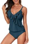 Aleumdr Womens Swimsuits 2024 Tankini Bathing Suits for Women Two Piece Ruffled Tankini Tops with High Waisted Shorts Swimwear Blue Medium