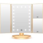 CZW Makeup Vanity Mirror with 3x/2x Magnification,Trifold Mirror with 36 Led Lights,Touch Screen, 180 Degree Adjustable Rotation,Dual Power Supply, Countertop Cosmetic Mirror (Gold)