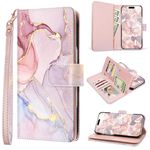 Fingic for iPhone 16 Case,for iPhone 16 Wallet Case for Women Girl[with 9 Card Holder]Marble Rose Gold PU Leather Detachable Wrist Strap Fullbody Slim Shockproof Flip Phone Case for iPhone 16,6.1”2024