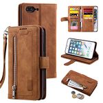 UEEBAI Wallet Case for iPhone 7 Plus iPhone 8 Plus, Retro 9 Card Holder Slots Zipper Pocket Handbag Case PU Leather Magnetic Closure Kickstand with Wrist Strap TPU Shockproof folio Case - Brown