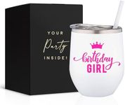 Your Dream Party Shop Powder Coated Stainless Steel 12oz Stemless Wine Glass with Straw and Lid with Print (Birthday Girl)