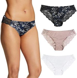 Maidenform Tanga Pack, Back Underwear, Cheeky Lace Panties for Women, 3-Pack, Black Navy Blossom/Evening Blush/White, Medium