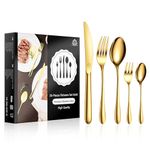 vancasso Golden Cutlery Set for 6 People, 30 Piece Stainless Steel Silverware Set with 6 x (Knife/Spoon Fork/Dessert Fork/Tea Spoon), 18/10 Modern Design Mirror Polished Flatware Set for Dinner