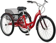 Schwinn Meridian Adult Tricycle Bike, Mens and Womens Three Wheel Beach Cruiser, 26-Inch Wheels, Low Step-Through Frame, Wide Seat, Rear Folding Basket, 1-Speed, Red