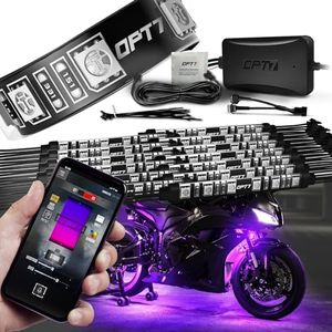 OPT7 Aura Pro Motorcycle LED Light Kit Smart Brake, RGB Multi-Color Bike Underglow Neon Light Bluetooth APP, Motorcycle Under Glow Strips Switch for Cruisers, 14pc, IP67 Waterproof 12V, iOS Android