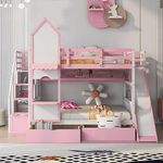 Full-Over-Full Castle Style Bunk Bed with with Slide and Storage Staircase,Wood Bunk Bed Frame with with Under Bed Drawer and Side Shelves,Large Storage&Save Space,for Kids Teens Boys Girls Pink