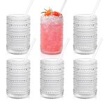 KMIGRUAN Hobnail Drinking Glasses 15oz Vintage Glassware Set of 6 Embossed Beaded Drinking Glasses, Water Cups, Highball Glasses Tumbler for Cocktail,Whiskey,Beer and Juic