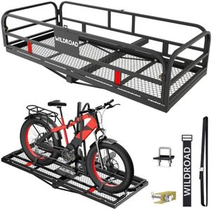 Wildroad 60"x24"x14" Hitch Cargo Carrier, Fits 2" Receiver - Bike Rack Set | 500-lb Load Capacity, High Side Rails, Folding Cargo Basket, Heavy-Duty Steel Construction, for Car SUV Camping Travel