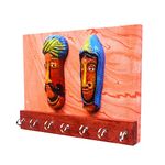 G1E Handcrafted Wooden Decorative Terracotta Couple Mask Key Holder for Home and Office with 7 Hooks and Wall Mount Screws. (Candy Apple Red)