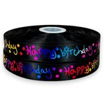 2m x 25mm Happy Birthday Black Double Faced Satin Ribbon for CAKE'S Birthday Cakes Gift WRAP Wrapping Ribbon Cards Birthday Decorations Craft