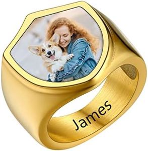 U7 Men's Signet Ring with Photo Picture Customized 18K Gold Plated Shield Ring, Size 12