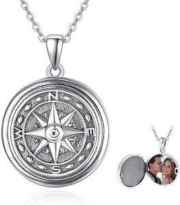 Collar con medallón de brújula de plata de ley 925 con colgante de brújula, medallón de fotos con memoria que sostiene fotos collar para mujeres, hombres, niños, 45,7 cm + 5 cm cadena de plata