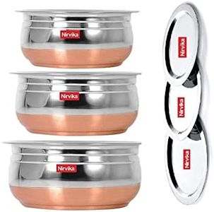 Nirvika Stainless Steel Copper Bottom Handi with Lid Cooking Dinner Bowl Patila Set of 850ML, 1200ML, 1600ML