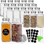 CycleMore 20 Pack 8oz Glass Spice Jars Bottles, Square Spice Containers with Silver Metal Caps and Pour/Sift Shaker Lid-40pcs Black Labels,1pcs Collapsible Funnel,1pcs Brush and 1pcs Pen Included